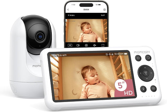 Momcozy BM04 Babyfoon met camera-app, 5 inch wifi-video-babyfoon met camera en audio, 4 x zoom, bewegings- en wijnidentificatie, veilig hek, helder nachtzicht, 2-weg gesprek, foto- en video-opname