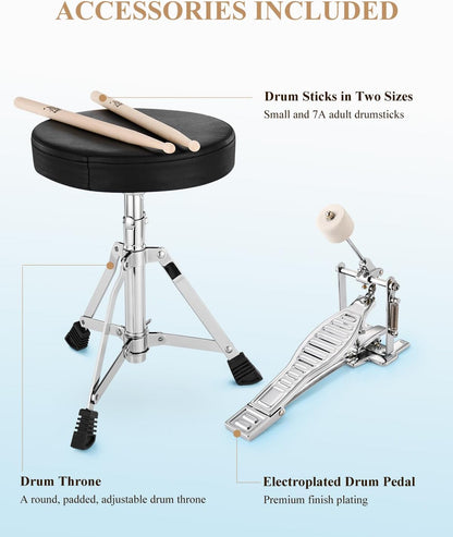 Eastar 3-delig voor kinderen, 3-delig voor beginners, 14 inch drumset met verstelbare troon, bekken, pedaal en twee paar drumsticks, junior drumset met bas Tom snaredrum, metallic hemelsblauw