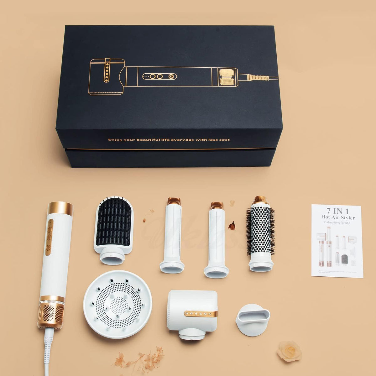 7-in-1 haardroger, snelle haardroger, stylinggereedschapsset, heteluchtborstel, diffuser, mondstukken, stijlkam, krulstaaf, volumizer (wit)