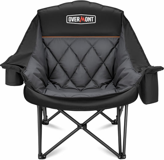 OVERMONT Oversized XL campingstoel voor volwassenen - Gewatteerde opvouwbare stoel met versterkte steun, 204 kg met bekerhouder en zijvak voor sport, tuin, strand, vissen, gazon, donkergrijs