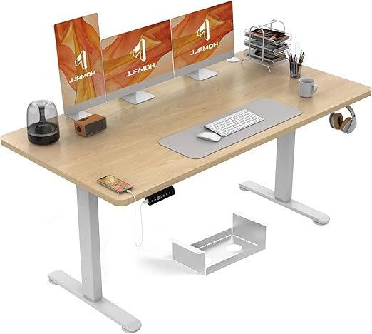 Homall Height Adjustable Electric Desk, 140x70cm, Standing Desk with Four-Piece Tabletop, Computer Desk with Memory Function, Beige + White - QUORE