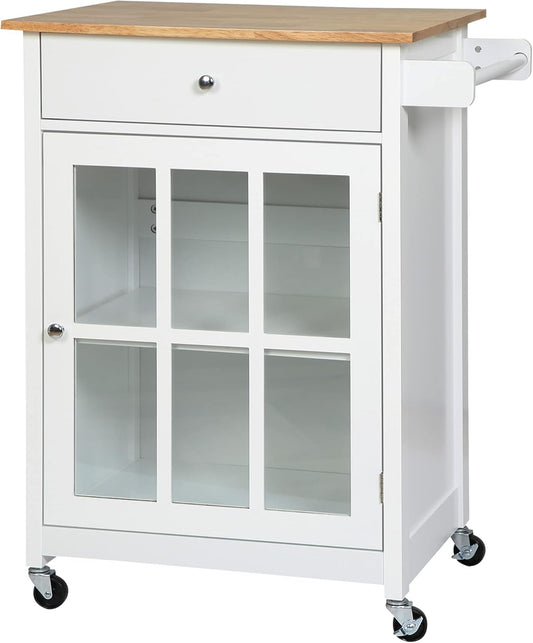 HOMCOM Kitchen Trolley Kitchen Trolley Serving Cart with Wheels Drawer Wine Rack MDF Rubber Wood White + Oak 67 x 48 x 86.5 cm - QUORE