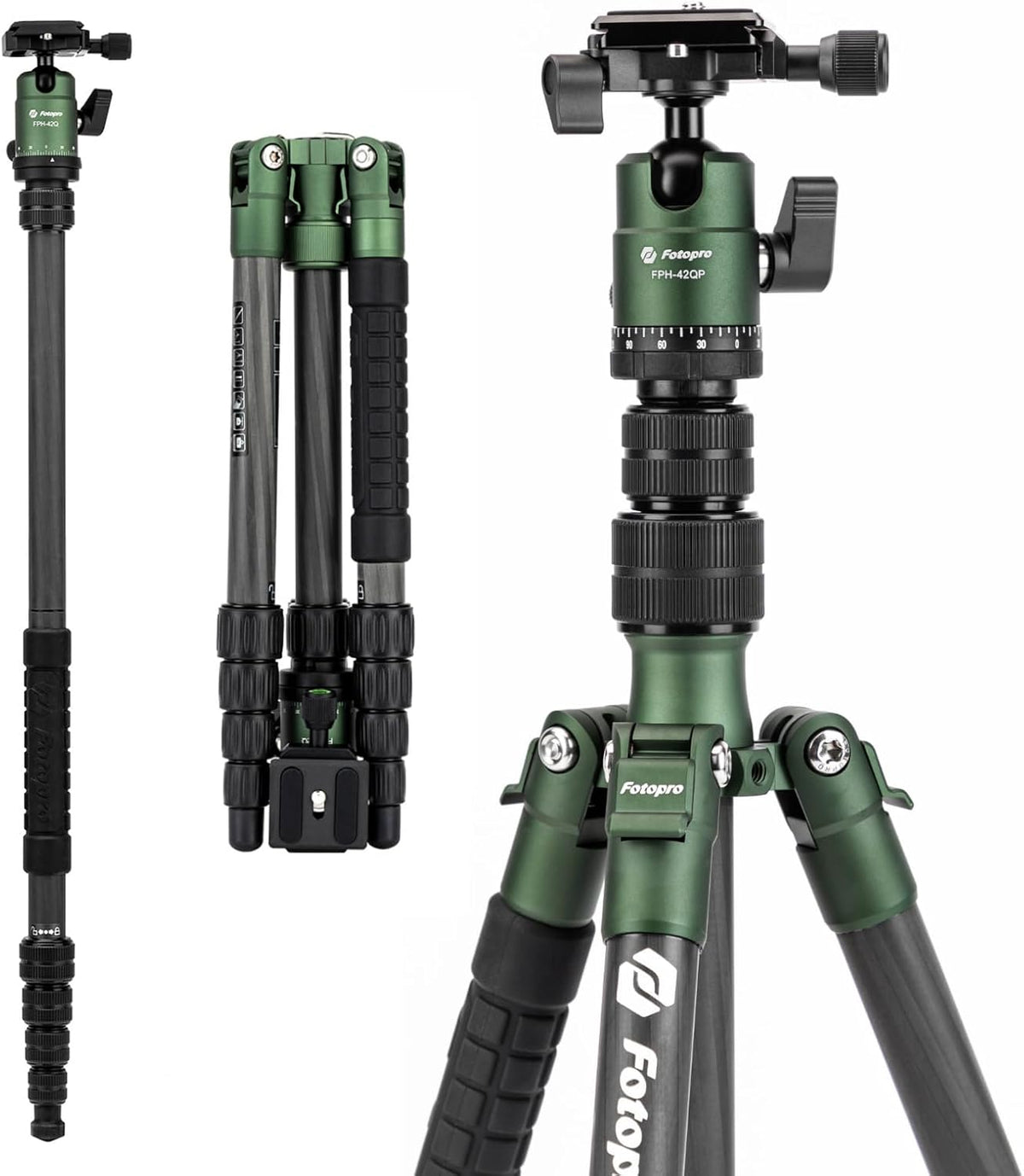 Fotopro 62 inch koolstofvezel reisstatief, compact camerastatief met metalen kogelkop, afneembare monopod met Arca-Swiss snelkoppelingsplaat en tas, belastbaar tot 8 kg