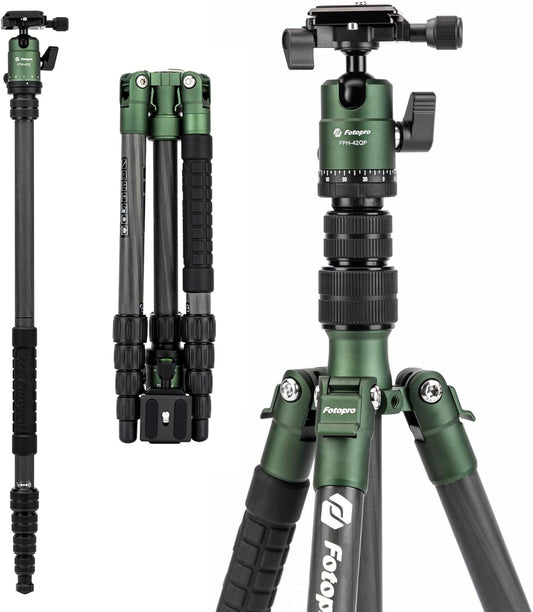 Fotopro 62 inch koolstofvezel reisstatief, compact camerastatief met metalen kogelkop, afneembare monopod met Arca-Swiss snelkoppelingsplaat en tas, belastbaar tot 8 kg