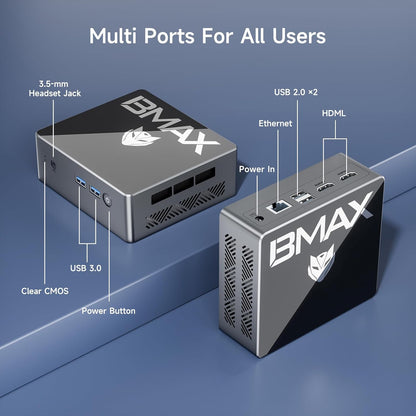 BMAX Mini PC Intel N97 (tot 3,6 GHz) 16 GB DDR4 RAM 512 GB M.2 SSD Win 11 Pro Mini Desktop B4Pro Mini PC Sobremesa HDMI/WiFi 5/BT4.2/USB3.2 Dual Display Tower PC met VESA voor School/Kantoor.