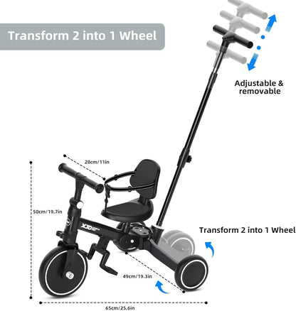 XJD 5-in-1 driewieler, loopfiets vanaf 1 jaar met duwstang voor kinderen vanaf 1 - 4 jaar, loopfiets met afneembare pedalen en verstelbare zitting, kinderdriewieler, babyfiets (zwart)