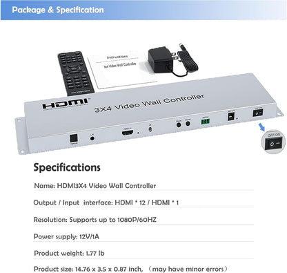 HDMI Video Wall Controller 3x4, 1 HDMI Input 12 Output, 26 Splicing Modes, Remote & RS232 Control, Met Out Audio & Memory Functie
