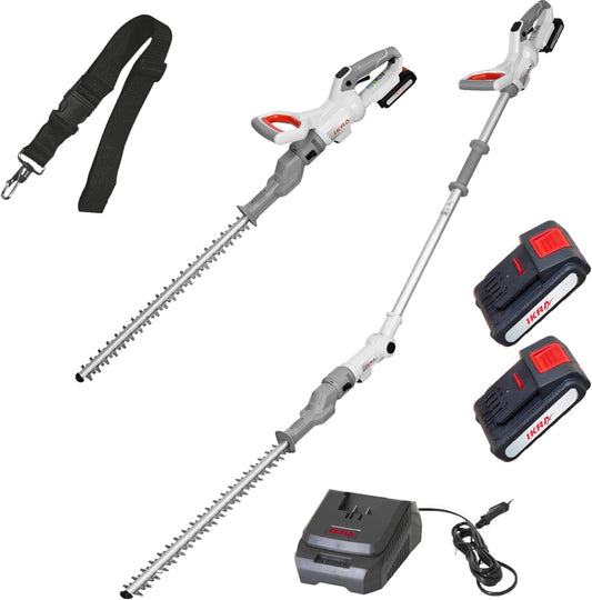 IKRA 2in1 heggenschaar zonder kabel ICPH 2050 met telescoopsteel voor hoge heggen, incl. 2x 20V accu, snellaadstation & schouderriem