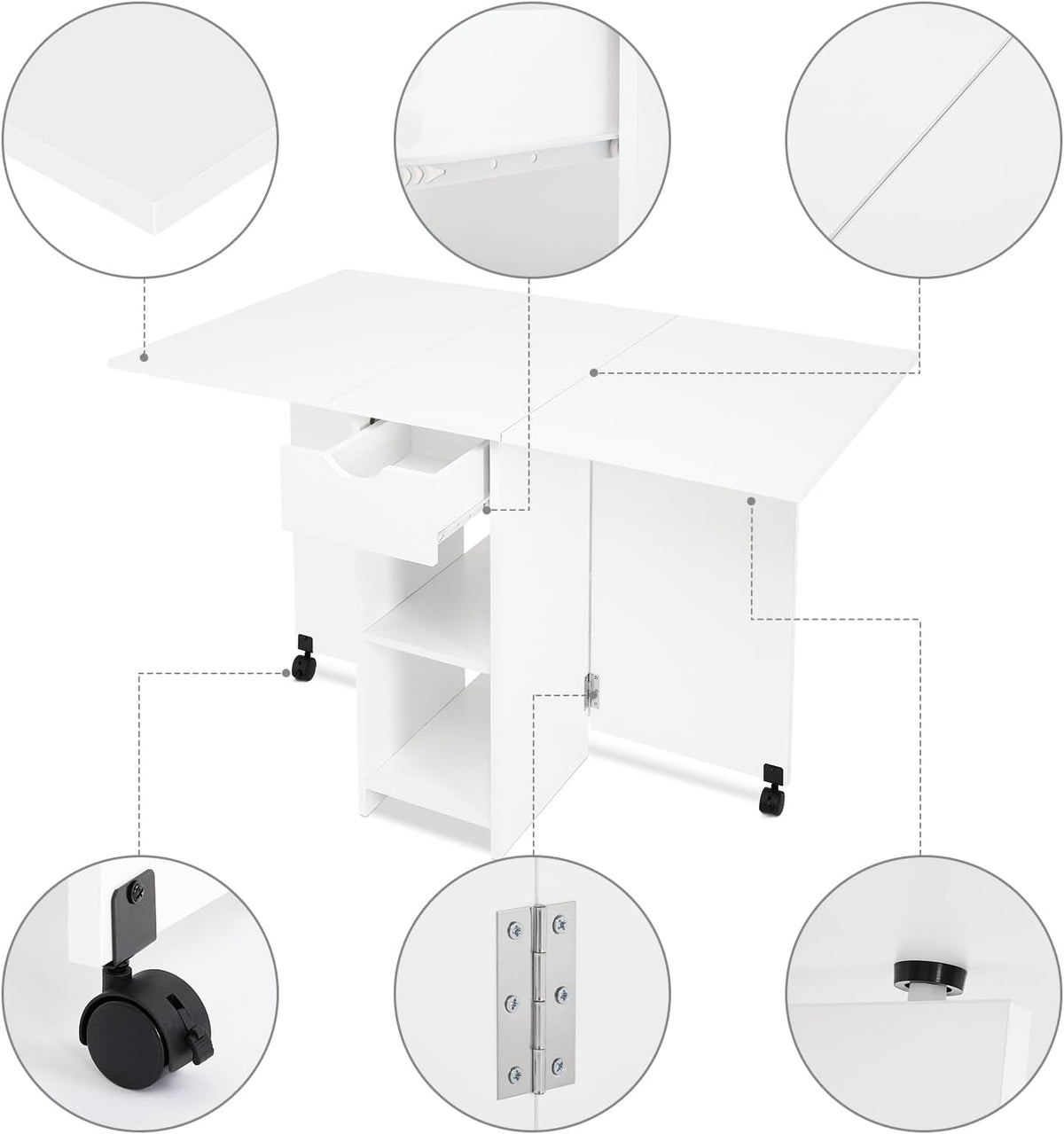Mondeer Mobile Folding Table, Folding Dining Table, Suitable for Small Spaces with 1 Drawer and 2 Shelves for Dining Room and Kitchen, White H1071KT01WT 72 x 120 x 75 cm - QUORE