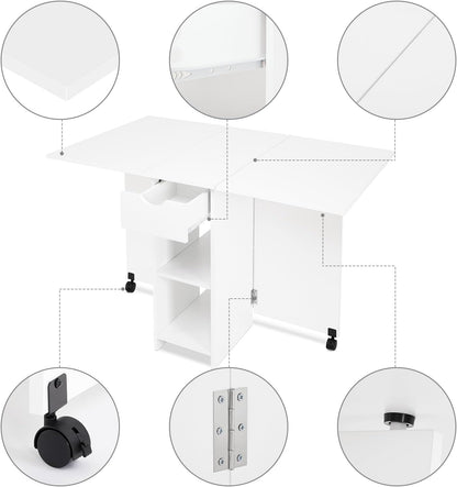 Mondeer Mobiele klaptafel, inklapbare eettafel, geschikt voor kleine ruimtes met 1 lade en 2 planken voor eetkamer en keuken, wit H1071KT01WT 72 x 120 x 75 cm