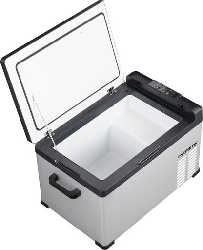 Steamy-E Single Zone 30, Elektrische Compressor Koelbox, 27 Liter, Zilver, 12V/230V, voor vriezen en koelen van -20 tot +20, ideaal voor op de camping