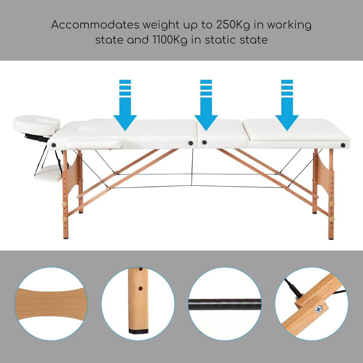 Opvouwbare Massagetafel – Behandelingstafel, Behandelbank, Massagebed, Therapietafel – 3-Delig, Wit – Verstelbare Hoogte 69-81 Cm – 7 Cm Fijncelschuim