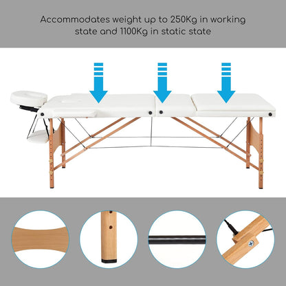Opvouwbare Massagetafel – Behandelingstafel, Behandelbank, Massagebed, Therapietafel – 3-Delig, Wit – Verstelbare Hoogte 69-81 Cm – 7 Cm Fijncelschuim