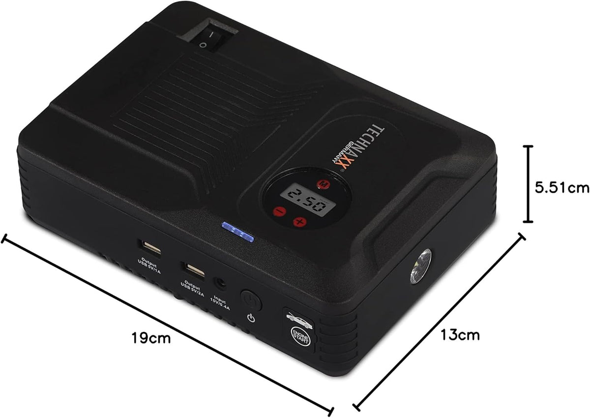 Technaxx 4-in-1 multifunctionele starthulp met powerbank Power Pack (benzine tot 4,0 l/diesel tot 3,0 l), 3,5 mini-accucompressor, led-lamp TX-219-14000 mAh batterij, 2 x USB-A-aansluiting