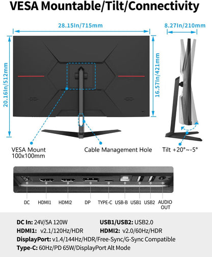 32" 4K Gaming Monitor, UHD 3840 x 2160, 144Hz 1ms, IPS HDR4000, Ultrawide met HDMI, DisplayPort, Freesync & G-sync compatibel, VESA