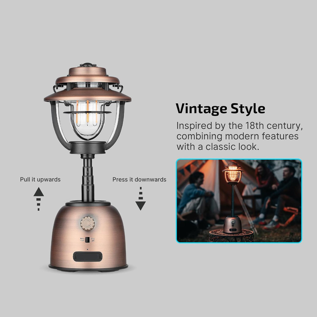 Campinglamp - Kampeerlamp - Retro Stijl - Dimbare - Verstelbaar - Draagbare - met Dubbele Lichtbron - Noodstroombank - USB Oplaadbaar - voor Camping - Noodsituatie - IPX5 Waterdicht - 500Lm - 16000 mAh - 12.3 x 22.5 x 12.3 cm - Vintage Koperen Afwerking