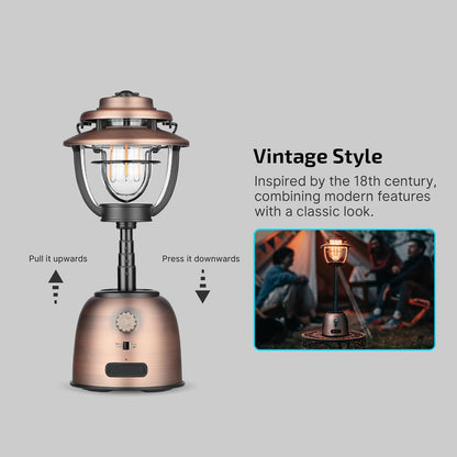 Campinglamp - Kampeerlamp - Retro Stijl - Dimbare - Verstelbaar - Draagbare - met Dubbele Lichtbron - Noodstroombank - USB Oplaadbaar - voor Camping - Noodsituatie - IPX5 Waterdicht - 500Lm - 16000 mAh - 12.3 x 22.5 x 12.3 cm - Vintage Koperen Afwerking