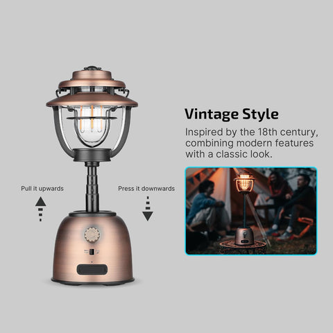 Campinglamp - Kampeerlamp - Retro Stijl - Dimbare - Verstelbaar - Draagbare - met Dubbele Lichtbron - Noodstroombank - USB Oplaadbaar - voor Camping - Noodsituatie - IPX5 Waterdicht - 500Lm - 16000 mAh - 12.3 x 22.5 x 12.3 cm - Vintage Koperen Afwerking