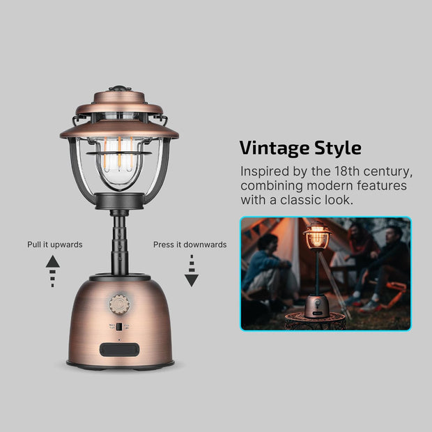 Campinglamp - Kampeerlamp - Retro Stijl - Dimbare - Verstelbaar - Draagbare - met Dubbele Lichtbron - Noodstroombank - USB Oplaadbaar - voor Camping - Noodsituatie - IPX5 Waterdicht - 500Lm - 16000 mAh - 12.3 x 22.5 x 12.3 cm - Vintage Koperen Afwerking