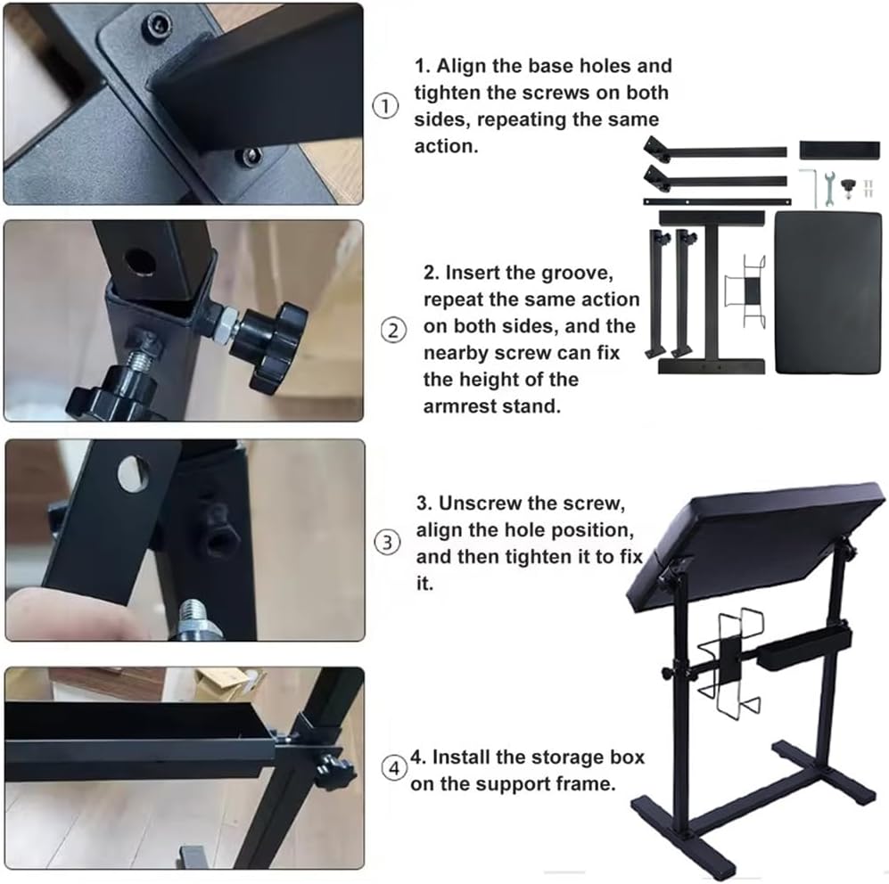 Professionele verstelbare tattoo-armsteun – hoogte 66-98 cm, 340° draaibare tafel (60 x 40 cm) met PU-lederen bekleding, stabiele ijzeren basis en accessoirevak voor studio en tattoo-kunstenaars