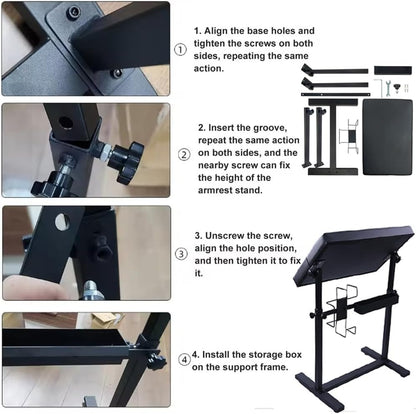 Professionele verstelbare tattoo-armsteun – hoogte 66-98 cm, 340° draaibare tafel (60 x 40 cm) met PU-lederen bekleding, stabiele ijzeren basis en accessoirevak voor studio en tattoo-kunstenaars