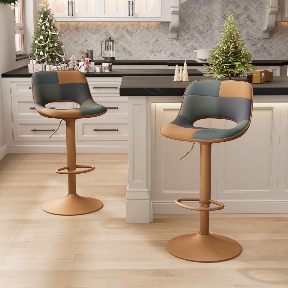 YOUNIKE Barkrukken 2-delige set, Boho Barkrukken in kleurrijke Patchwork-stijl, barstoelen, hoogteverstelbaar, draaibaar, keukenstoelen, Tresenstoel met lege rugleuning voor bartafel, geelgroen