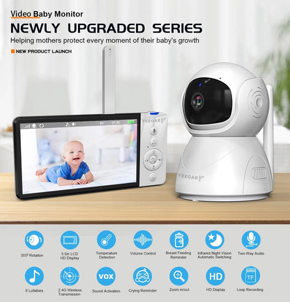Feegar Babyfoon met camera, babymonitor, 5 inch, 720P HD-display, 2,4 GHz, PTZ 355°/120° babymonitor met afstandsbediening, 2 x zoom, VOX-modus, nachtzicht, temperatuursensor, slaapliedjes, 5000 mAh