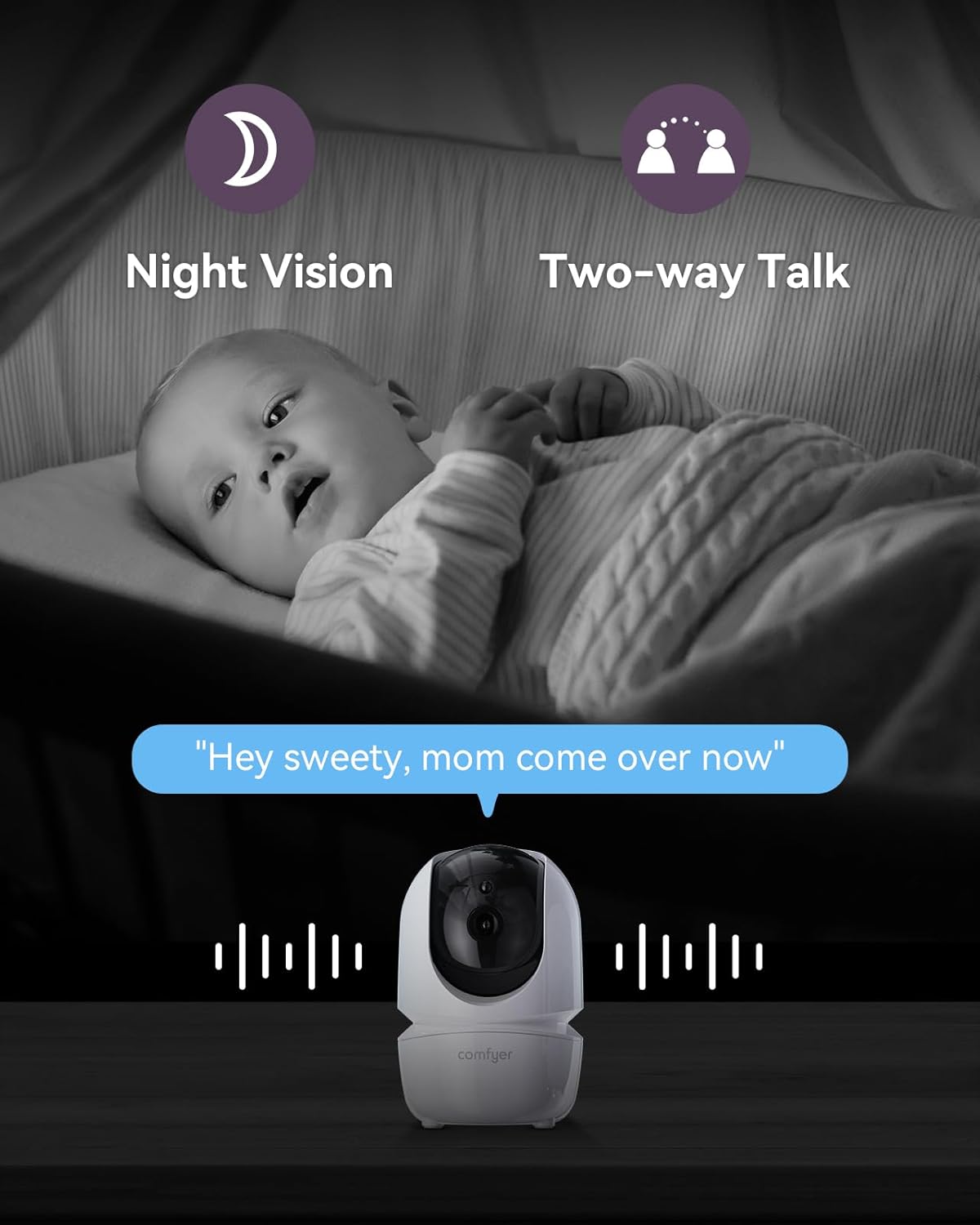 Babyfoon met 1080p camera, 7 inch, 720P HD-video, babymonitor met camera zonder wifi, 6000 mAh batterij, IR-nachtzicht, groothoeklens, 2-weg audio, vox-modus, 300 m bereik