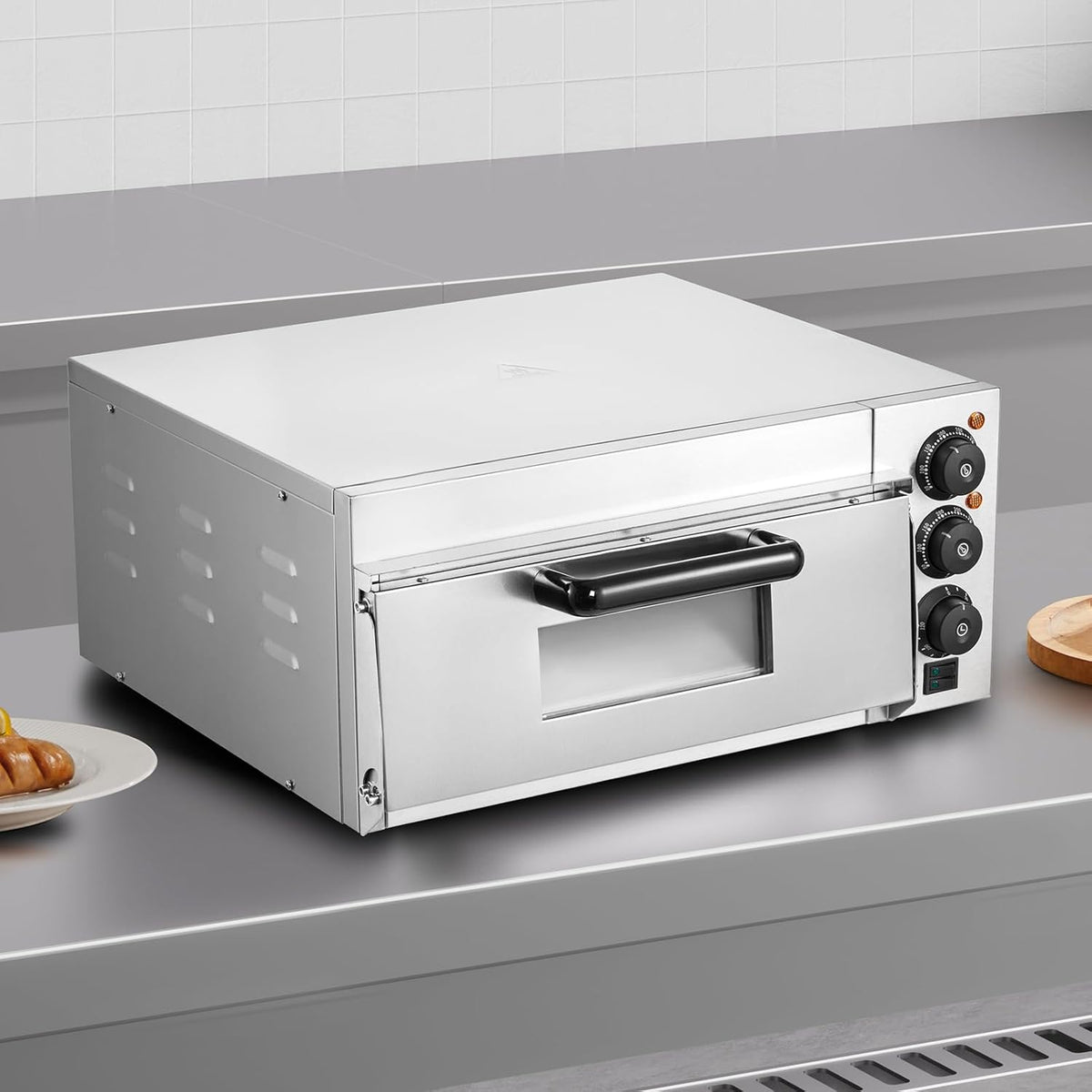 VEVOR Commerciële pizzaoven, capaciteit 40,6 cm, elektrische oven met enkele verdieping, van roestvrij staal, met steen en handvat, multifunctionele pizzamachine voor binnen, voor restaurant, huis