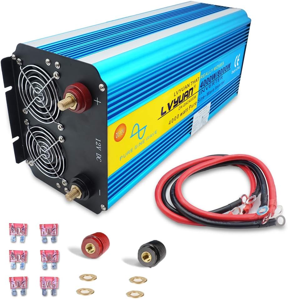 Omvormer, zuivere sinusgolf, 4000 W, 8000 W, transformator van 12 V naar 220 V, 230 V, met afstandsbediening en 2 USB-poorten, 2 leds