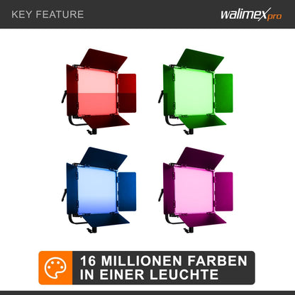 Walimex pro Rainbow 50W LED RGB vlaklamp set van 2 met statief - set van 2 x studiolamp videolamp + 2 x statief, lamp 360 kleuren, 50W 3200-999K CRI 95, V-Mount accu, dimbaar, app of DMX