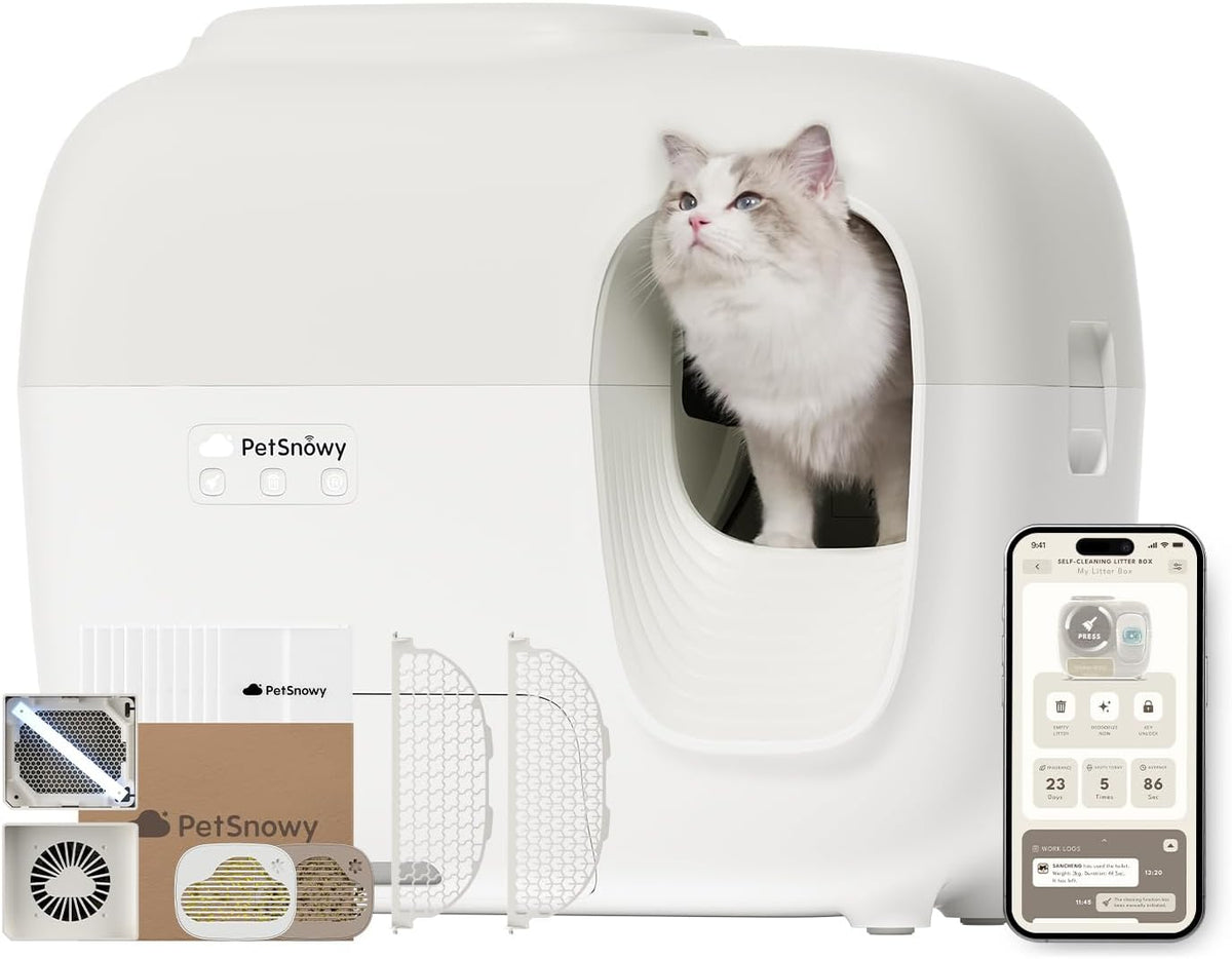 Snow+ Zelfreinigende kattenbak, automatische kattenbak met app-besturing/veiligheidsbescherming, geurverwijderend TiO2-systeem, extra grote slimme robotkattenbak, geschikt voor meerdere katten van