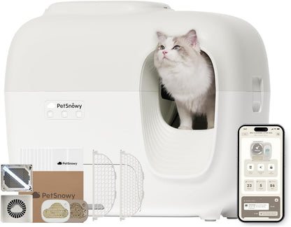 Snow+ Zelfreinigende kattenbak, automatische kattenbak met app-besturing/veiligheidsbescherming, geurverwijderend TiO2-systeem, extra grote slimme robotkattenbak, geschikt voor meerdere katten van