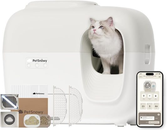 Snow+ Zelfreinigende kattenbak, automatische kattenbak met app-besturing/veiligheidsbescherming, geurverwijderend TiO2-systeem, extra grote slimme robotkattenbak, geschikt voor meerdere katten van