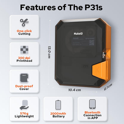 Makeid P31S Industriële labelprinter, draagbaar, bluetooth, thermische transfer labelprinter, compatibel met app en pc, krimpkousetiketten, voor industrie en buitengebruik