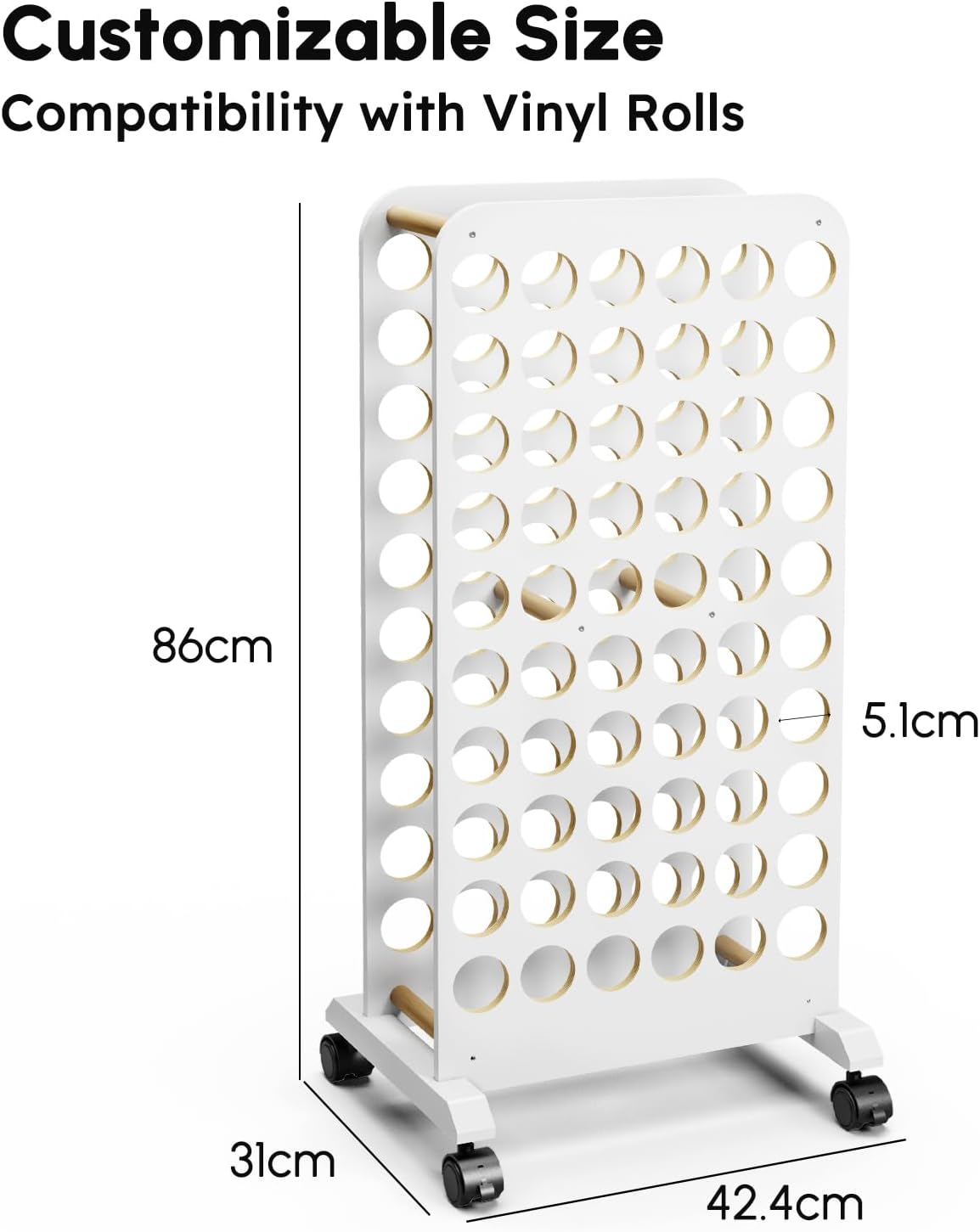 Mobiele vinyl rolhouder, 60 compartimenten vinyl opbergorganizer met vergrendelende zwenkwielen, houten vinyl rol opbergkar rek ambachtelijke opslag cadeauverpakking organizer voor thuis
