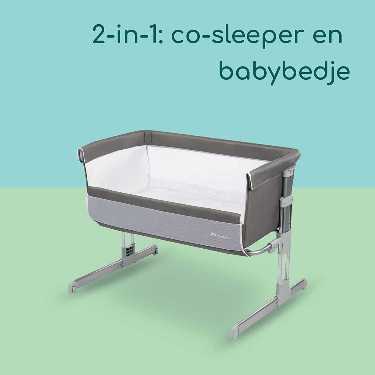 Bebeconfort Calidoo, 2-in-1 Baby Co-sleeper & Aanschuifbedje, 0 - 6 Maanden (0 - 9 kg), Verstelbaar, 5 Hoogtestanden, Groot Gewatterd Matras, Meshstof Zijkanten, Inklapbare Zijkant, Grey Mist