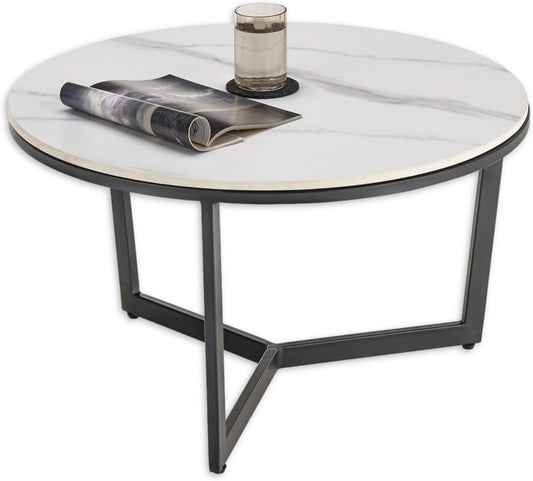 Salontafel – Woonkamertafel – Koffietafel – Bijzettafel – Moderne Ronde Tafel – Keramisch Tafelblad Met Marmerlook – Stevig Zwart Metaal Frame – Ø 70 x 38 cm