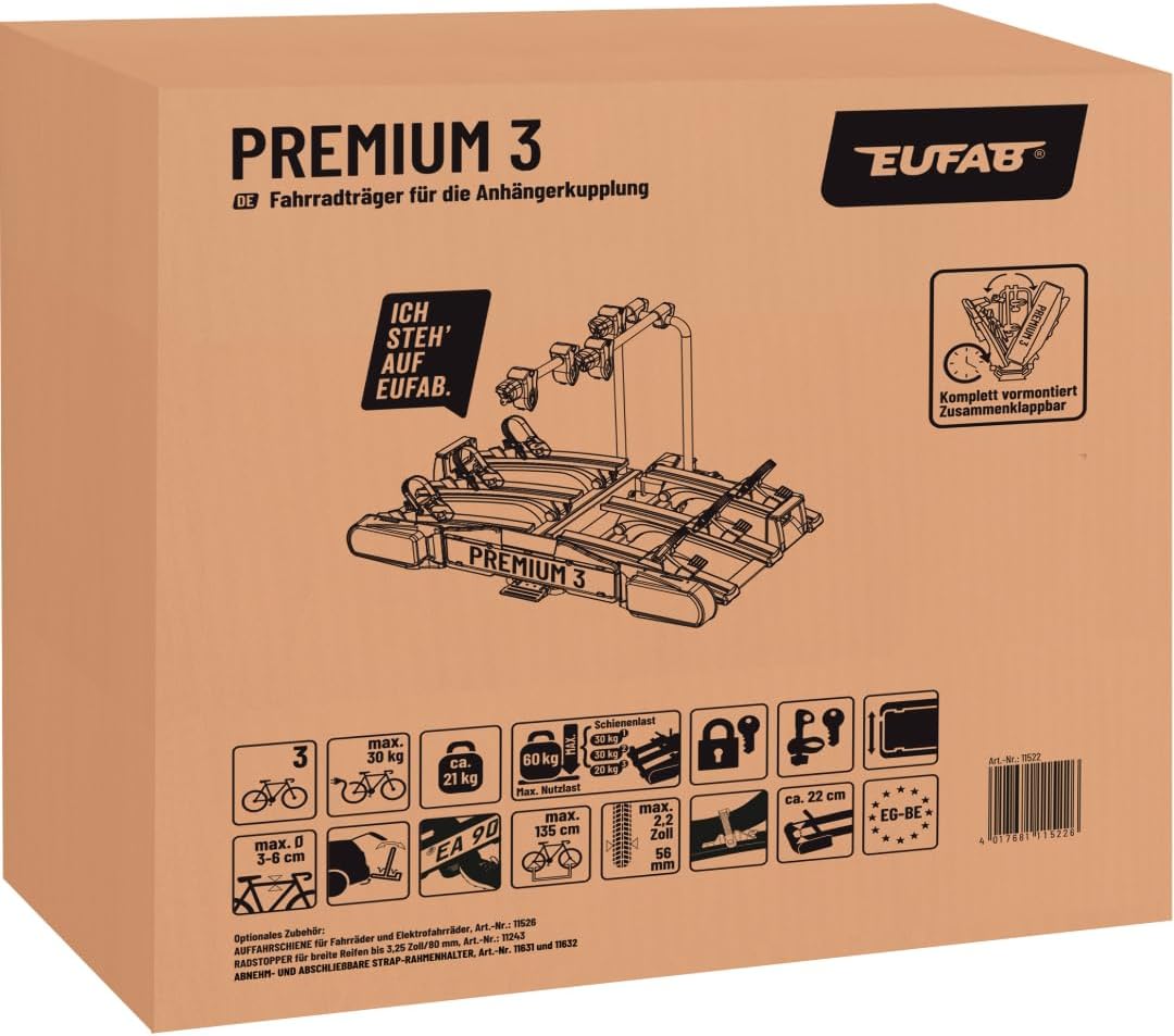 EUFAB 11522 PREMIUM 3 Bicycle Rack for Towbar, Foldable, for 3 Bikes - QUORE