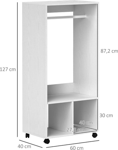 HOMCOM Mobile Wardrobe Wardrobe with Shelf 4 Casters for Living Room Bedroom, Aluminum Alloys, 60 x 40 x 128 cm, White - QUORE