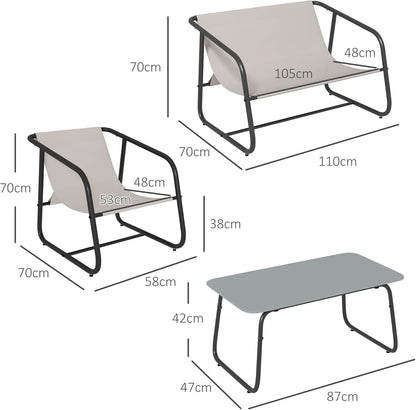 Outsunny Gartenmöbel-Set, Sitzgruppe mit 2 Sesseln, 1 Zweisitzer, 1 Couchtisch aus Hartglas, Gartengarnitur für Balkon, Terrasse, Mesh, Creme - QUORE