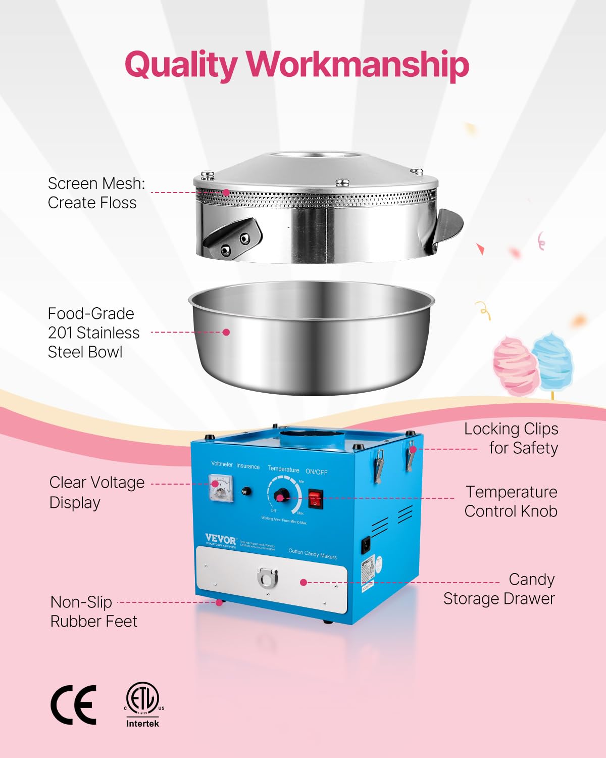 VEVOR 1000 W Electric Cotton Candy Maker with Stainless Steel Holder 52 cm Sugar Spoon and Tray for Birthdays and Family Celebrations Blue 520 x 520 x 447 mm