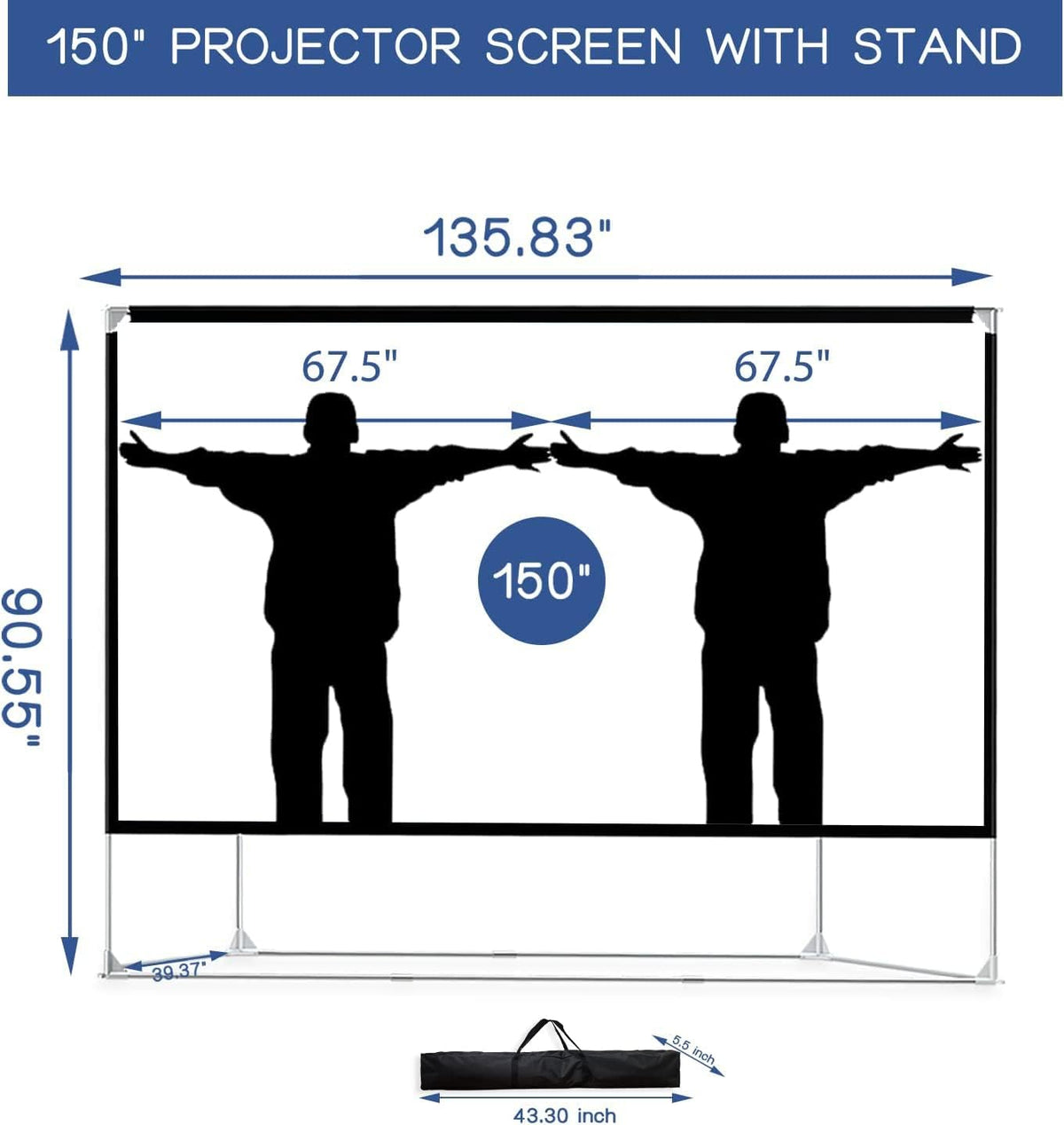 Projectiescherm en standaard 150 inch 16:9 HD 4K groot draagbaar projectiescherm met draagtas voor thuisbioscoop achtertuin bioscoop reizen opvouwbaar kreukvrij winddicht