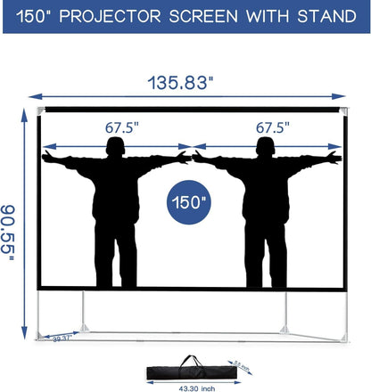 Projectiescherm en standaard 150 inch 16:9 HD 4K groot draagbaar projectiescherm met draagtas voor thuisbioscoop achtertuin bioscoop reizen opvouwbaar kreukvrij winddicht