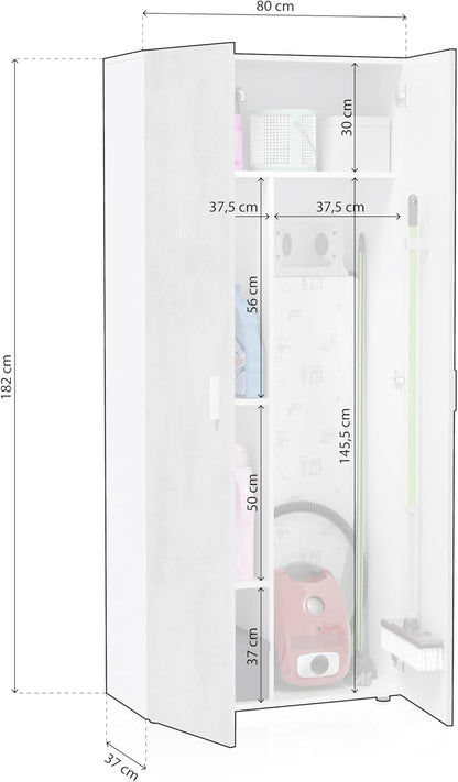 Habitdesign Multifunctionele kast met 2 deuren, afdekkast, wit artik en cement, afmetingen: 80 cm (breedte) x 182 cm (hoogte) x 37 cm (diepte)