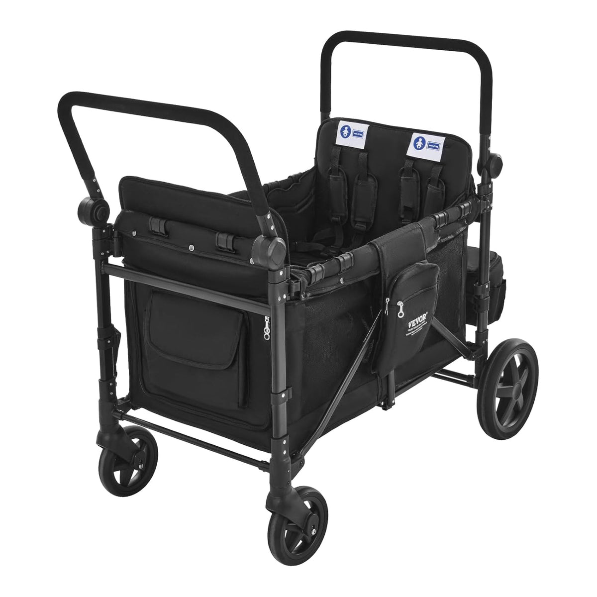 VEVOR Wagon Kinderwagen voor 4 Kinderen, Push Pull Quad Opvouwbare Kinderwagen met Verstelbare Handvat, 5-punts Veiligheidsharnas & Afneembare Luifel, 4-zits Kinderwagen voor Camping, Zwart (149,7 kg