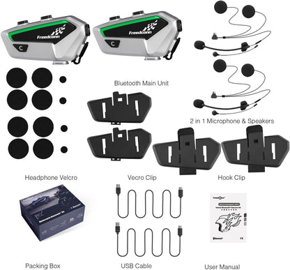 FreedConn FX Motorfiets Bluetooth Headset met Muziek Delen, 2 stks FX 10 Riders 1500m Groep Helm Bluetooth Intercom met Ruisonderdrukking/FM Radio, /Universele Koppeling/Zilver Ultradunne Body