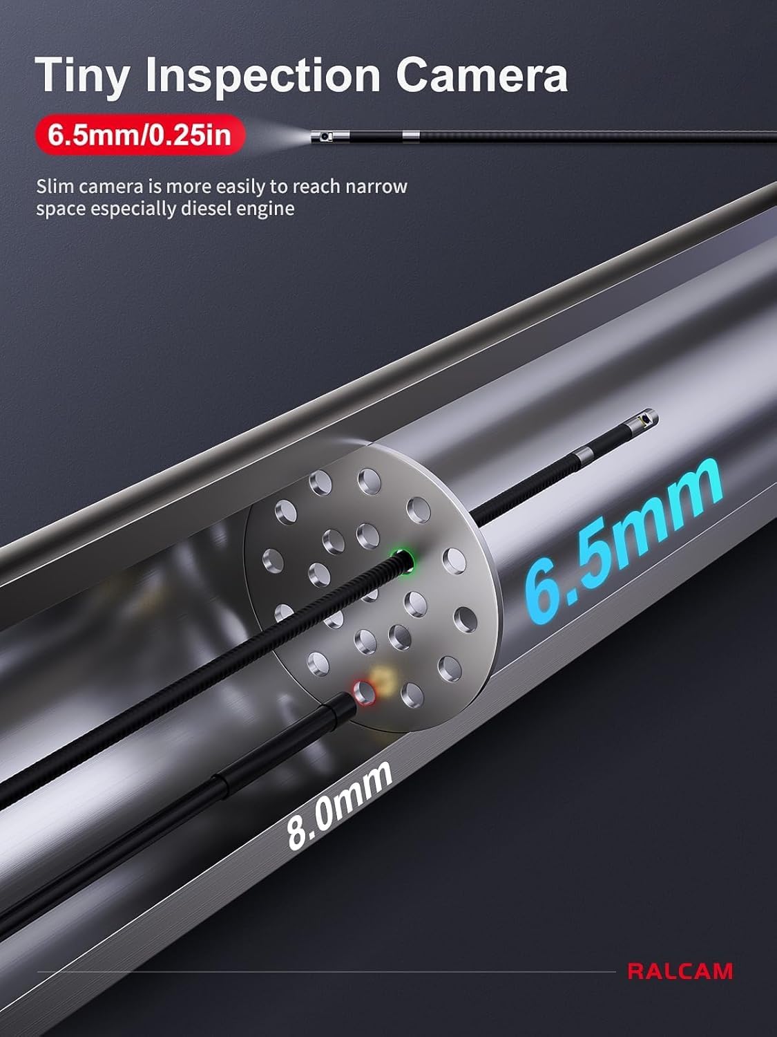 Ralcam Endoscoopcamera met licht, endoscoopcamera met 360° beweegbare kop, 6,5 mm dual-sonde, 5 inch HD-display, inspectiecamera, IP67 waterdicht, buiscamera met 1,5 m halfharde kabel en 6 + 1 leds