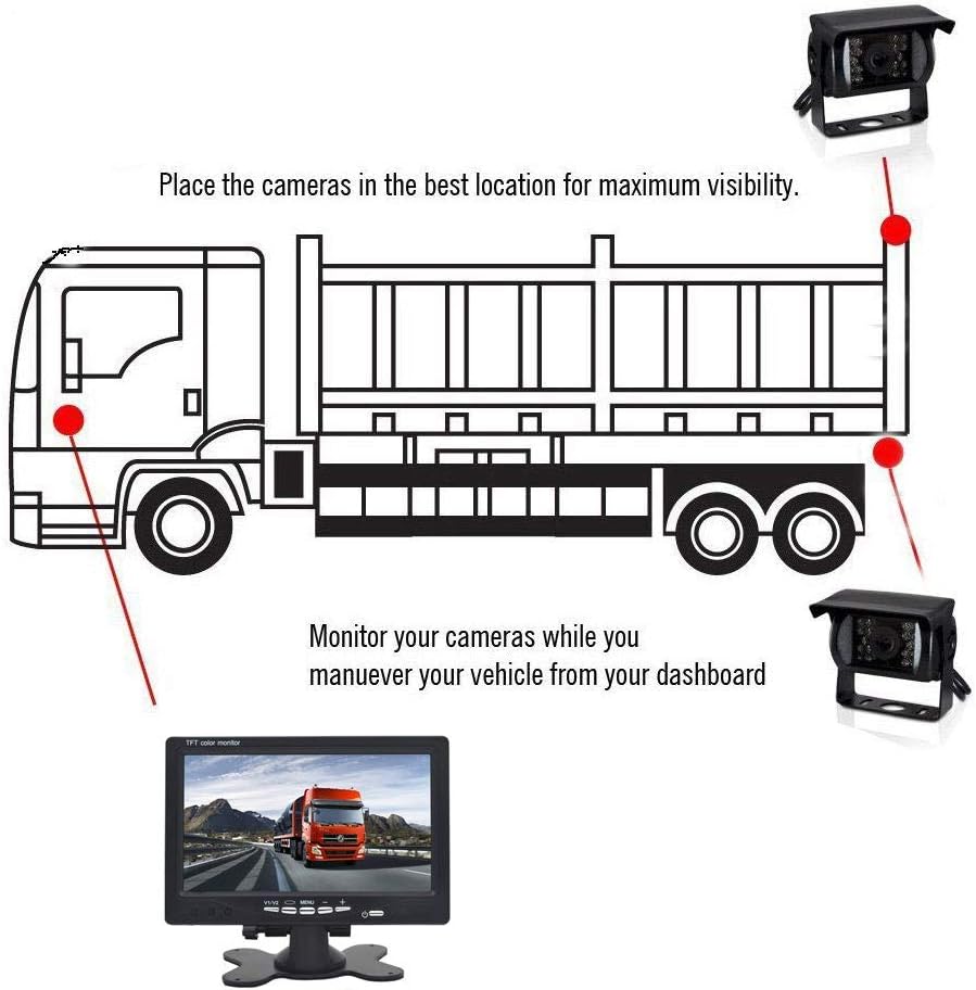 12V-24V 4Pin Omkeren Backup Achteruitrijsysteem 7 inch TFT LCD HD Monitor met Zonnescherm Beugel 2x 18LEDs IR Nachtzicht Waterdichte Reverse Camera voor RV/Bus/Trailer/Truck