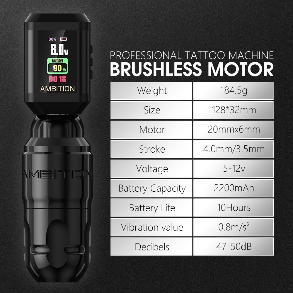 Ambition Lutin Rotary Tattoo Machine met Korall Tattoo Voeding 2200mAh Straight Drive Bar - Draadloze Tattoo Machine Korte Tattoo Pen met Brushless Motor met RCA-kabel voor tatoeëerder
